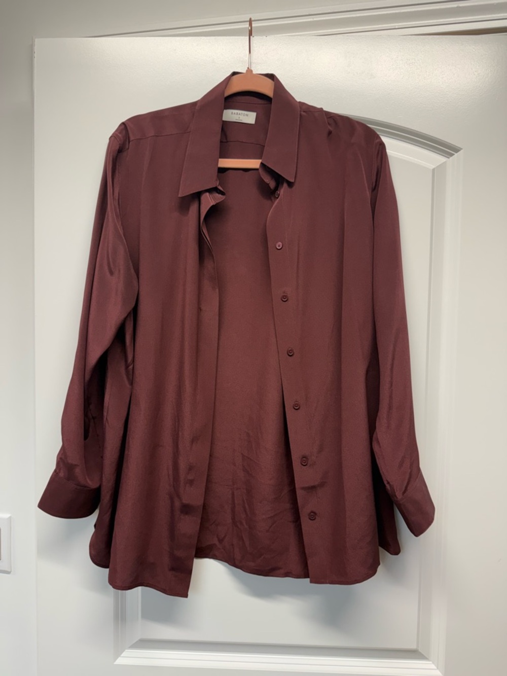 Aritzia Long-Sleeve Button-Down Silk Shirt in Deep Wine